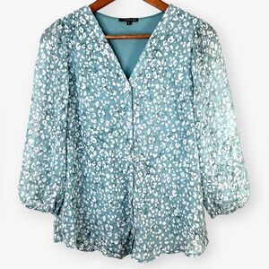 West Kei Floral V-Neck Blouse Semi Sheer Long Sleeve Sz S